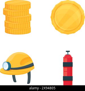 Goldbergbau-Ikonen setzen Cartoon-Vektor. Bergbauausrüstung und Goldnugget. Goldmine Stock Vektor