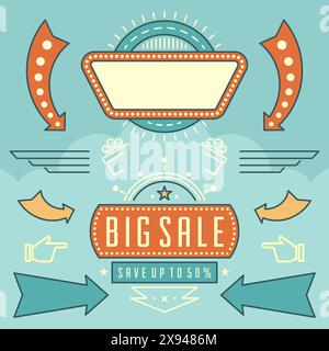 Retro American 1950er Jahre Design-Elemente-Set. Leuchtmittel Für Reklametafeln, Rahmen, Pfeile, Symbole, Neonlampen. Für Werbung, Grußkarten, Pos. Stock Vektor