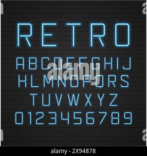 Vektordesign Retro-Schilderbuchstaben mit hellen Neonlampen. Vintage-3D-Alphabet mit Schatteneffekt auf rotem Ziegelhintergrund, 1950er-Jahre-Schilderdesign, Retro Stock Vektor