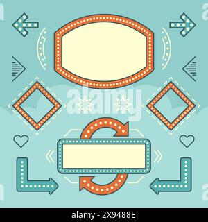 Retro American 1950er Jahre Design-Elemente-Set. Leuchtmittel Für Reklametafeln, Rahmen, Pfeile, Symbole, Neonlampen. Für Werbung, Grußkarten, Pos. Stock Vektor