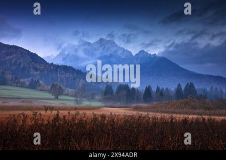 Slowenische Landschaft. Naturschutzgebiet Zelenci See, Kranjska Gora, Slowenien. Nebelige Triglav Alpen mit Wald, reisen Sie in die Natur. Wunderschöner Sonnenaufgang mit bl Stockfoto