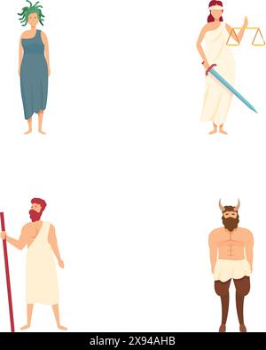 Vier Vektorillustrationen, die griechische mythologische Figuren auf weißem Hintergrund darstellen Stock Vektor