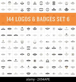 Design-Vorlagen-Set mit Vintage-Logos. Vektor-Logotypen Elemente Kollektion, Symbole, Retro-Labels, Abzeichen und Silhouetten. Big Collection 144 Artikel Stock Vektor