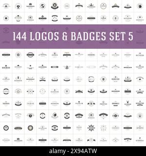 Design-Vorlagen-Set mit Vintage-Logos. Vektor-Logotypen Elemente Kollektion, Symbole, Retro-Labels, Abzeichen und Silhouetten. Big Collection 144 Artikel Stock Vektor