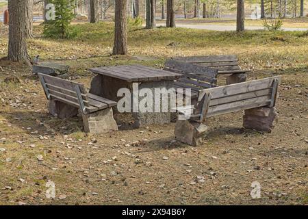 Vier leere Picknick-Tischbänke und Tisch im Frühling. Gartenmöbel für Leute im Park. Stockfoto