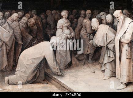 Pieter Bruegel der ältere, Christus und die Frau in Ehebruch genommen, Grisaillegemälde in Öl auf Tafel, 1565 Stockfoto