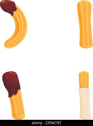 Set von bunten und verspielten Cartoon Snack Leckereien und Desserts mit Vektor Illustration. Enthält süße und leckere Schokolade, Bananenkugel, Eis und mehr. Perfekt für Kinder und Genießer Stock Vektor