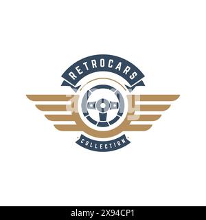 Auto Lenkrad Logo Vorlage Vektor Design Element Vintage Stil für Etikett oder Abzeichen Retro Illustration. Silhouette des Lenkrads. Stock Vektor
