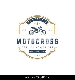 Motocross Logo Vorlage Vektor Design Element Vintage Stil für Label oder Abzeichen Retro Illustration. Silhouette des Motorrads. Stock Vektor