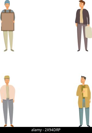 Vier isolierte Cartoon-Männer zeigen Vielfalt in Mode und Accessoires Stock Vektor