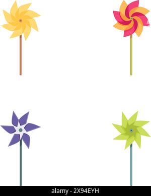 Vier verschiedene Drehscheiben im Cartoonstil in leuchtenden Farben, ideal für Dekorationen und Partys Stock Vektor