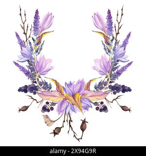 Handgezeichnete Aquarellillustration schäbige Boho botanische Blumen Blätter. Crocus Safran Rose Hüft veronica Lavendelbeeren. Kranzrahmen isoliert auf Stockfoto