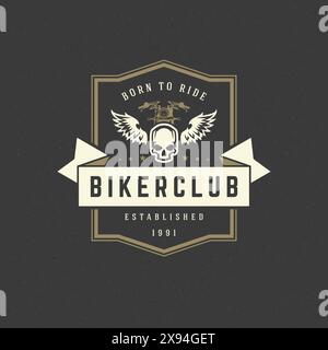 Motorrad Club Logo Vorlage Vektor Design Element Vintage Stil für Label oder Abzeichen Retro Illustration. Silhouette des Schädels. Stock Vektor