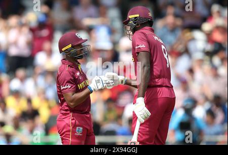 Aktenfoto vom 04.07.2019 von Nicholas Pooran (links) und Jason Holder aus Westindien. Westindien schafften es vor zwei Jahren nicht, die Gruppenphase zu erreichen und verpassten dann die Weltmeisterschaft 50 völlig, die Inselbewohner sind verzweifelt, sich wieder zu behaupten. Die zweimaligen Champions haben einen Vorrat an Power-Hittern und Heimvorteil zu ihren Gunsten. Ausgabedatum: Mittwoch, 29. Mai 2024. Stockfoto