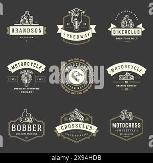 Motorräder Logos Vorlagen Vektor Design Elemente Set, Vintage Stil Embleme und Abzeichen Retro Illustration. Klassische Biker-Clubs, Sport-Motorrad-Silh Stock Vektor