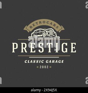 Oldtimer Logo Vorlage Vektor Design Element Vintage Stil für Label oder Abzeichen Retro Illustration. Silhouette eines Luxusautos. Stock Vektor