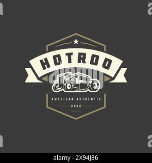 Hot Rod Auto Logo Vorlage Vektor Design Element Vintage Stil für Label oder Abzeichen Retro Illustration. Silhouette eines Oldtimers. Stock Vektor