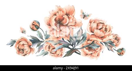 Zarte Blüten, Knospen und Blätter von Pfirsich und rosa Pfingstrosen mit Schmetterlingen in trendigen Farben und Vintage-Stil. Handgezeichnete Aquarellillustration Stockfoto