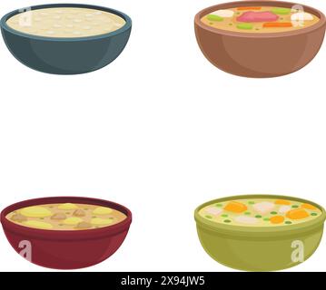Sammlung von vier illustrierten Suppenschalen, jede mit einer anderen appetitlichen Suppe Stock Vektor