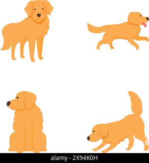 Sammlung niedlicher goldener Comic-Retriever-Hunde in verschiedenen Haltungen auf weißem Hintergrund Stock Vektor