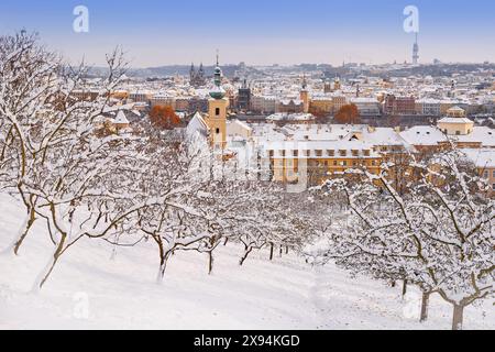 Obstgarten, ¨Schnee in Prag, seltene kalte Winterbedingungen. Prager Burg in Tschechien, schneebedecktes Wetter mit Bäumen. Stadtlandschaft von wunderschön Stockfoto
