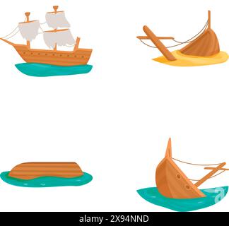 Set aus vier Illustrationen im Zeichentrickstil, darunter ein Schiff und Boote Stock Vektor