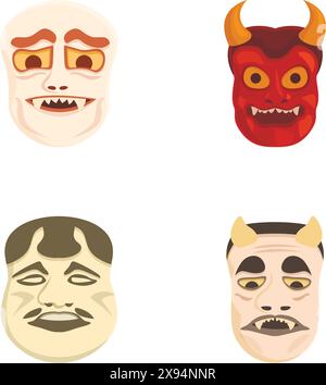 Sammlung von vier maskenartigen Illustrationen, die verschiedene emotionale und kulturelle Designs darstellen Stock Vektor