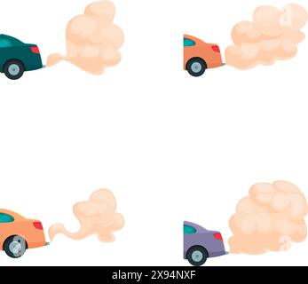 Set aus vier farbenfrohen animierten Autos, die Rauch ausstrahlen, isoliert auf weißem Hintergrund Stock Vektor