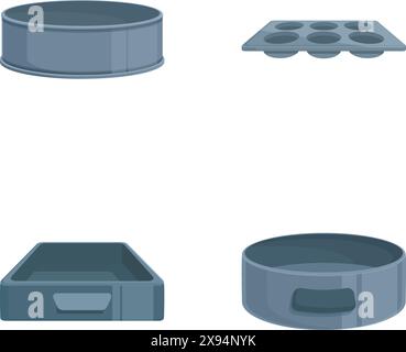 Sammlung von vier grauen Backpfannen in flacher Ausführung, isoliert auf weißem Hintergrund Stock Vektor