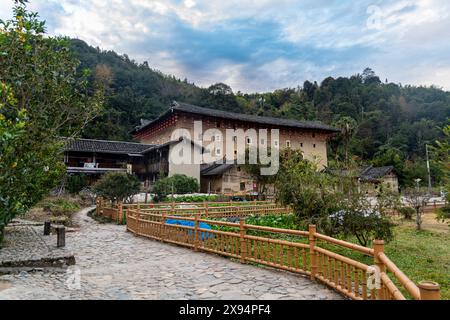 Hegui Square Gebäude, UNESCO-Weltkulturerbe, Fujian Tulou ländliche Wohnung der Hakka, Yunshuiyao Alte Stadt, Fujian, China, Asien Stockfoto