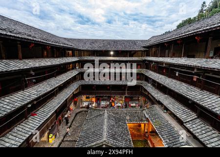 Hegui Square Gebäude, UNESCO-Weltkulturerbe, Fujian Tulou ländliche Wohnung der Hakka, Yunshuiyao Alte Stadt, Fujian, China, Asien Stockfoto