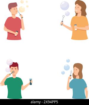 Set aus vier farbenfrohen Zeichentrickgrafiken, in denen verschiedene Menschen die lustige Aktivität des Blasens von Seifenblasen zeigen Stock Vektor
