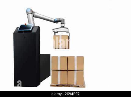 Der Roboterarm führt die Pick-and-Place von Kartons im Vertriebslager durch. Stockfoto