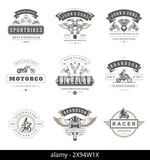 Motorräder Logos Vorlagen Vektor Design Elemente Set, Vintage Stil Embleme und Abzeichen Retro Illustration. Klassische Biker-Clubs, Sport-Motorrad-Silh Stock Vektor