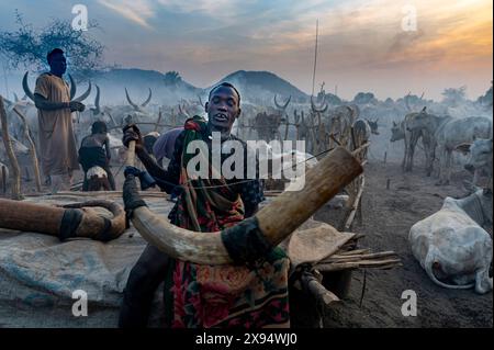 Mann, der ein massives Kuhhorn bläst, um den Kühen zu signalisieren, dass sie zurückkommen, Mundari-Stamm, Südsudan, Afrika Stockfoto