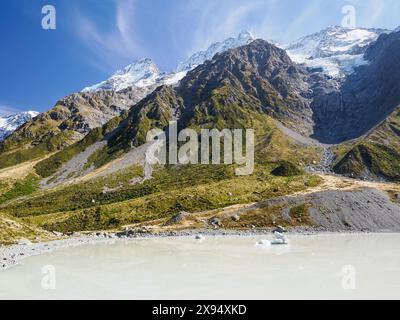 Gletschersee am Ende des Hooker Valley Trail im Aoraki (Mount Cook) Nationalpark, UNESCO, Südalpen, Südinsel, Neuseeland Stockfoto