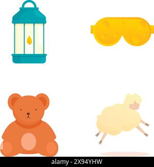 Illustrationen einer Laterne, einer Schutzbrille, eines Teddybären und eines Schafes auf weiß Stock Vektor