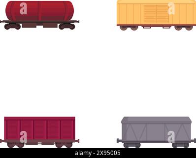 Sammlung von vier isolierten Vektordarstellungen bunter Güterzugwagen Stock Vektor