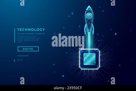 Abstrakte Rakete, heller CPU-Prozessor auf technikblauem Hintergrund. Stock Vektor