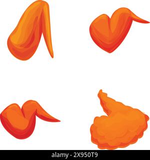 Sammlung von vier Cartoon Chicken Wings isoliert auf weiß, in verschiedenen Positionen und Stilen Stock Vektor