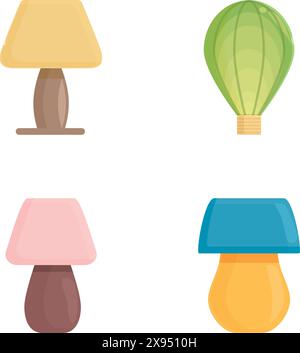 Vektorillustration von verschiedenen Lampen und Lampen in einem flachen Design, isoliert auf einem weißen Hintergrund Stock Vektor