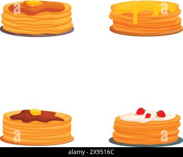 Herrliche Pfannkuchenstapel mit verschiedenen Belägen wie Honig, Schokolade und Beeren Stock Vektor