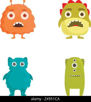 Sammlung von niedlichen, farbenfrohen Comic-Monster-Charakteren isoliert auf weißem Hintergrund Stock Vektor
