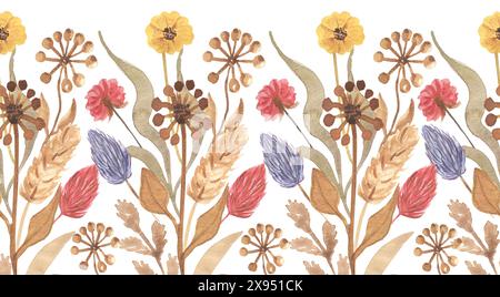 Aquarell getrocknete Kräuter und Wildblumen nahtlose Grenze, Kräutertextildruck Hintergrund, Wiederholungsmuster Stockfoto