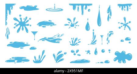 Cartoon blau tropfendes Wasser Tropfen, Spritzer, Sprays und Tränen. Flüssigkeitsfluss, Welle, Strom und Pfützen. Natur Wasser Bewegung Formen Vektorset Stock Vektor