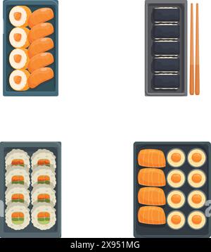 Flaches Vektordesign von Sushi-Sets mit Stäbchen auf dunklem Hintergrund, perfekt für Menügrafiken Stock Vektor