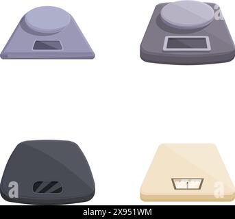 Sammlung von vier digitalen Küchenwaagen in verschiedenen Designs und Farben, isoliert auf weißem Hintergrund Stock Vektor