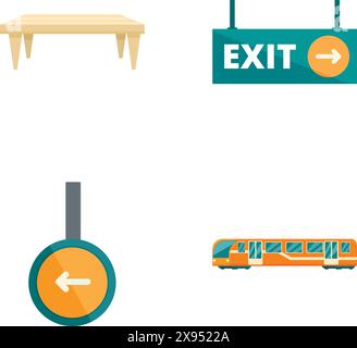 Sammlung von vier Vektorsymbolen, die eine Tabelle, ein Ausstiegsschild, einen Pfeil und eine Straßenbahn zeigen Stock Vektor
