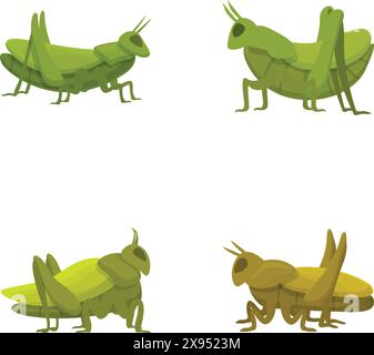 Farbenfrohe Zeichentrickschnuppen-Illustrationen mit mehreren verspielten und fröhlichen Insektenfiguren in verschiedenen Grün. Niedlich. Und animierte Vektorpositionen und -Haltungen auf weißem Hintergrund Stock Vektor