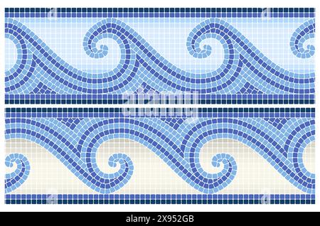 Mosaikrand im griechischen Stil mit Wellen, nahtloses Meeresmuster im portugiesischen oder römischen Stil, dekorative Liniendekoration, Vektor Stock Vektor